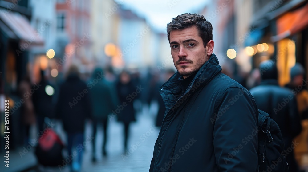Lonely man in a busy Copenhagen street reflecting on solitude amidst urban crowds during twilight hours Lonely man in a busy Copenhagen street reflecting on solitude amidst urban crowds during twilight hours