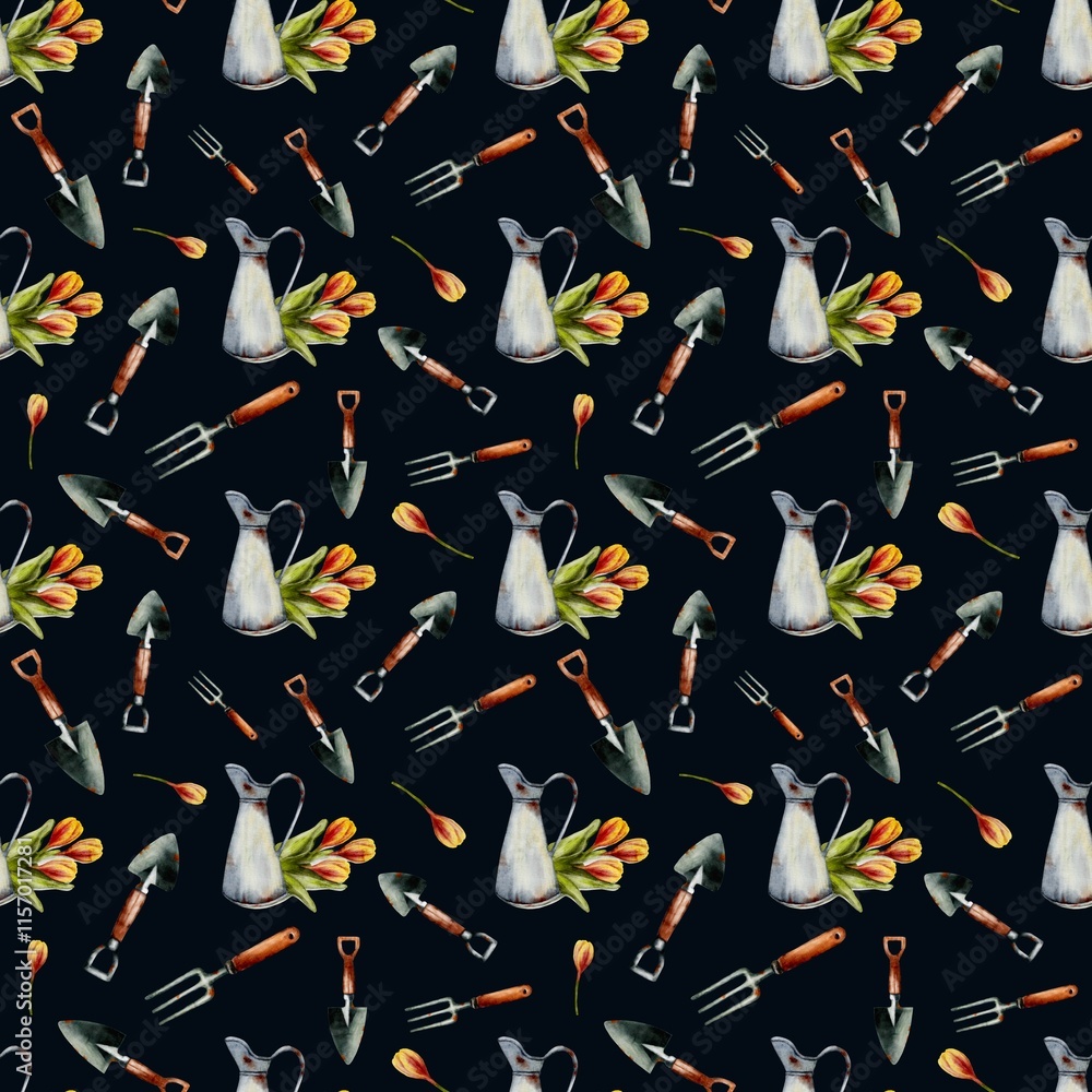 Obraz premium Spring garden tools and tulips pattern for textile and wrapping paper design