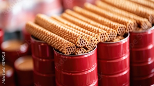 Chocolate flavored wafer sticks in red cans displayed at a market in Ungaran Indonesia showcasing traditional snack packaging. photo