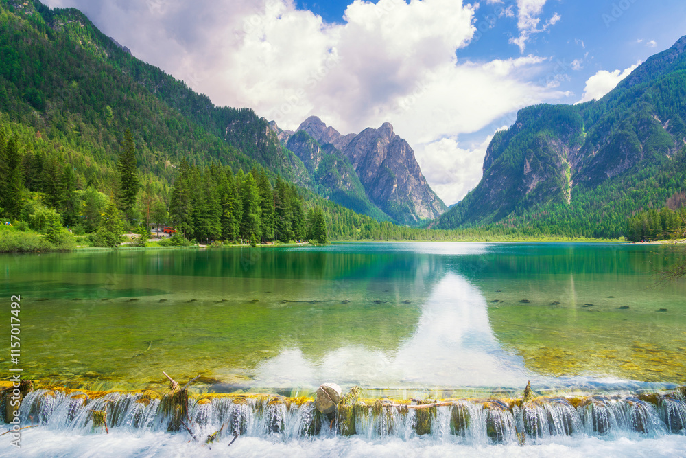 Naklejka premium Landscape of Lake Dobbiaco in the Dolomites, Italy