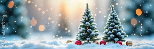 Snowy winter scene with two miniature snow-covered pine trees decorated with festive lights, ornaments. Falling snow, bokeh lights create magical Christmas atmosphere. Scene serene, joyful. Perfect photo