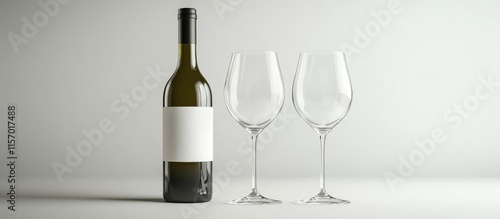 Elegant wine setup featuring two empty glasses beside a bottle of white wine on a minimalist background ideal for promotional use. photo