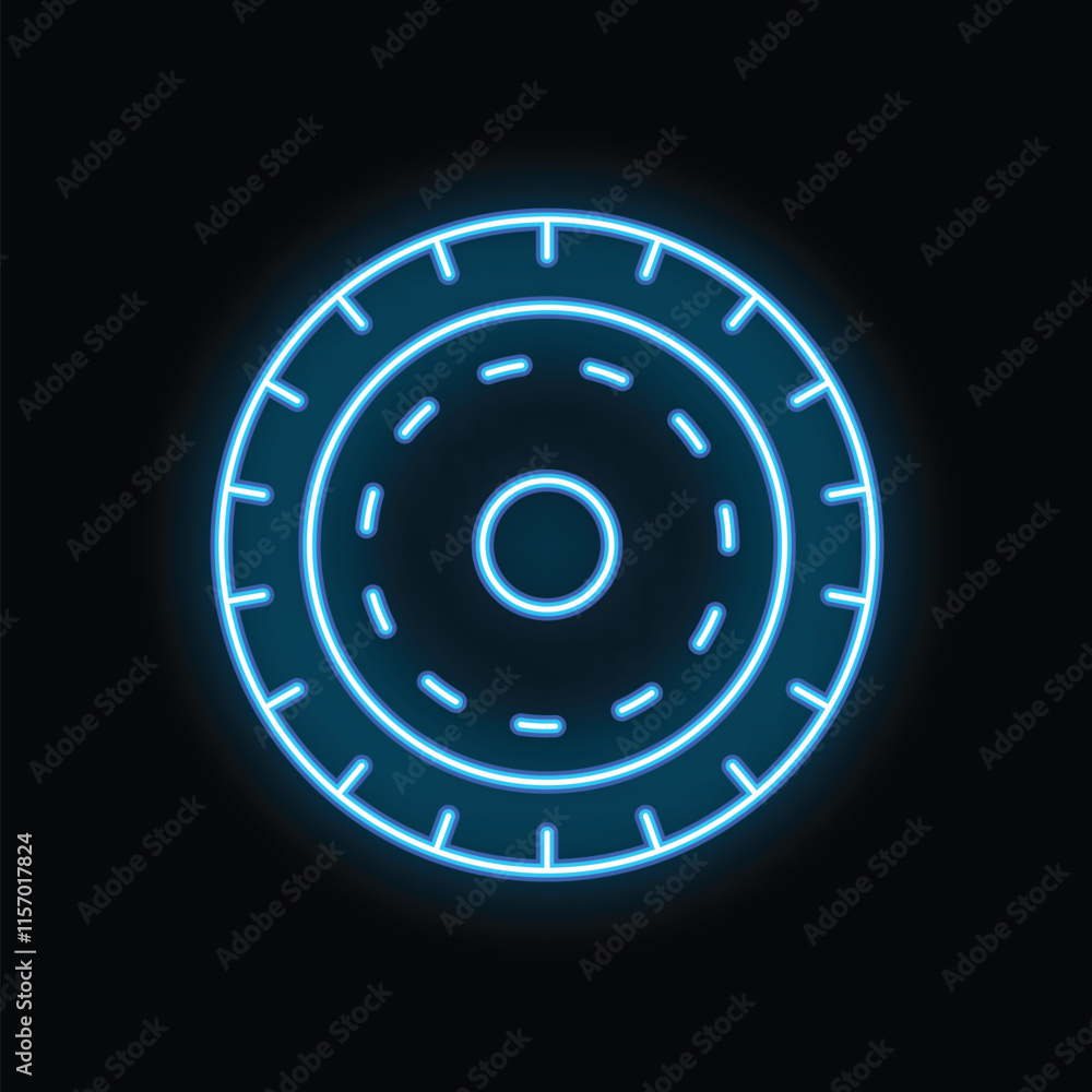 Blue neon sign depicting a car brake disc on a black background Blue neon sign depicting a car brake disc on a black background
