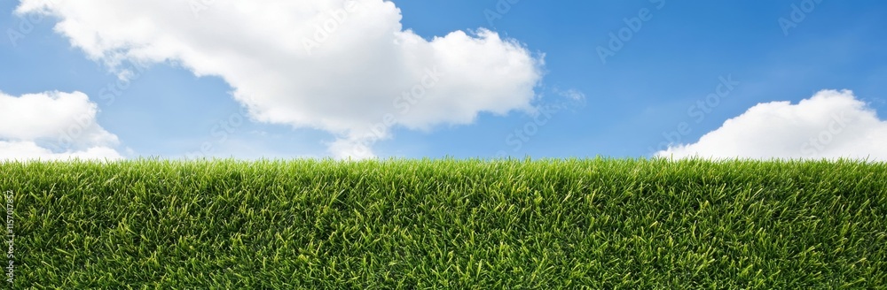 The serene spring nature depicted in panoramic form with lush green grass and a blue clear sky The serene spring nature depicted in panoramic form with lush green grass and a blue clear sky