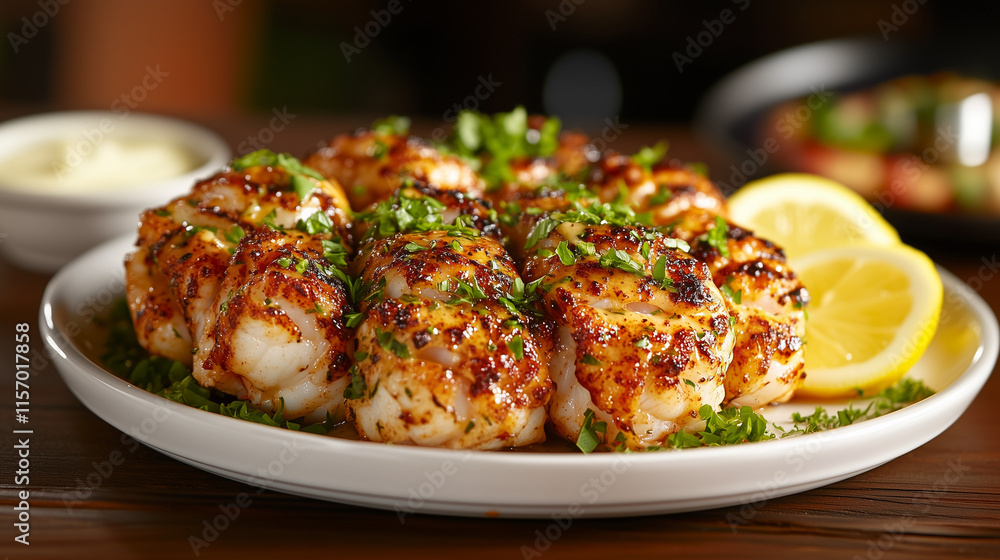 A plate of buttery lobster tail with garlic and herbs A plate of buttery lobster tail with garlic and herbs