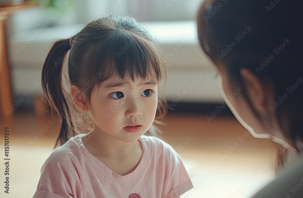 A little Asian girl is sitting on the floor with her chin raised, looking at an adult woman standing behind and shouting angrily in front of her. A little Asian girl is sitting on the floor with her chin raised, looking at an adult woman standing behind and shouting angrily in front of her.