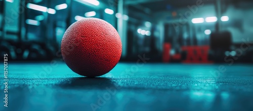 Vibrant textured medicine ball on gym floor ideal for fitness training visuals highlighting strength and workout equipment details photo