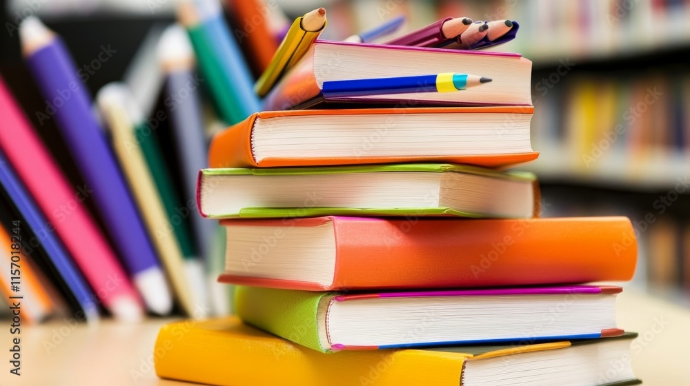 Colorful books stacked with pencils on top. Colorful books stacked with pencils on top.