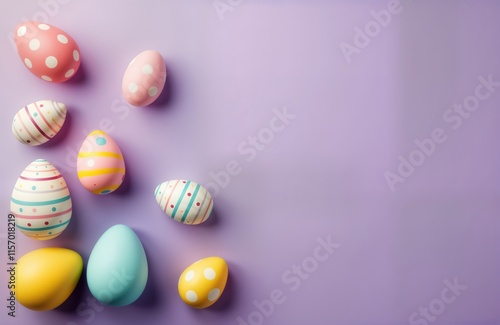 Multicolored Easter eggs with stripes, dots arranged on pastel purple background. Top view of decorative eggs creates vibrant spring holiday design. Colorful egg design perfect for Easter cards, photo