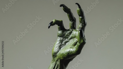 Green monster hand with black nails in a gripping gesture against a neutral grey background showcasing fantasy and horror themes. photo