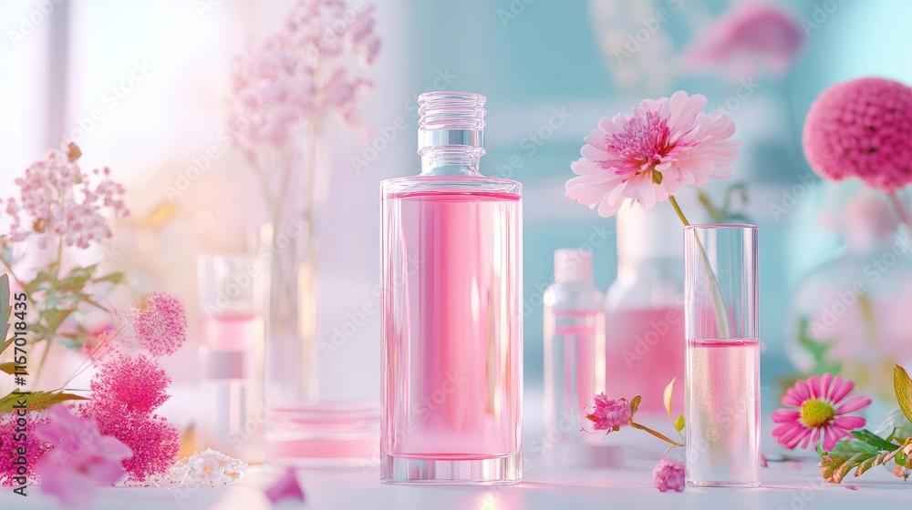 Eco-friendly skincare products with natural ingredients surrounded by flowers in a beauty lab setting showcasing research and experimentation. Eco-friendly skincare products with natural ingredients surrounded by flowers in a beauty lab setting showcasing research and experimentation.