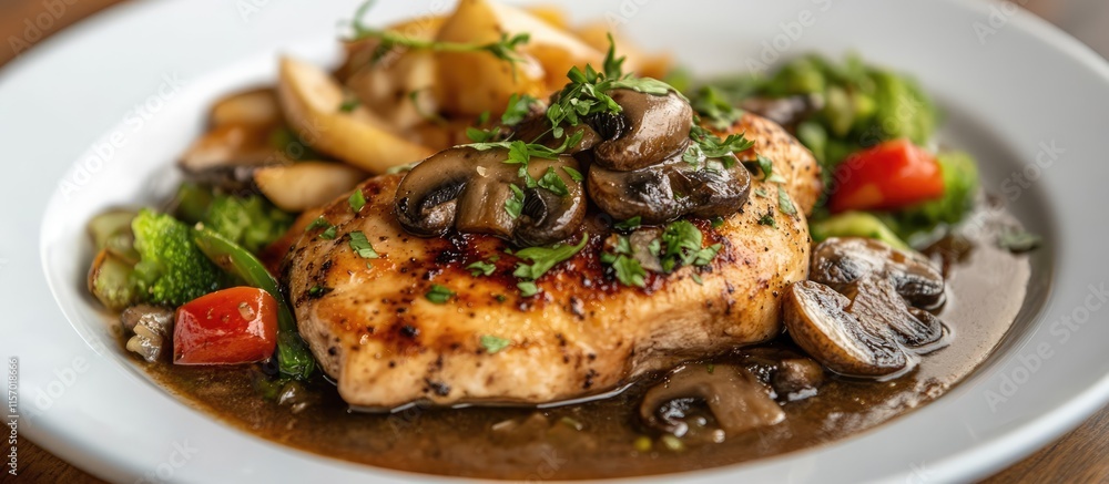 savory chicken sauté with mushrooms and mixed vegetables served on a white plate in a restaurant setting savory chicken sauté with mushrooms and mixed vegetables served on a white plate in a restaurant setting