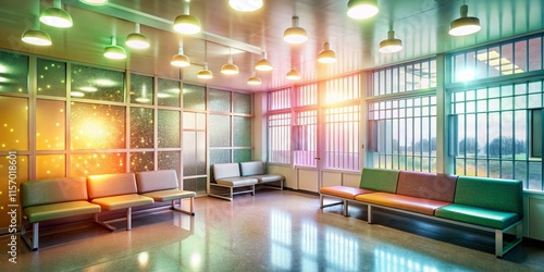 Prison Visitation Room: Partitioned Seating & Glass Windows, Soft Bokeh Effect Stock Photo photo