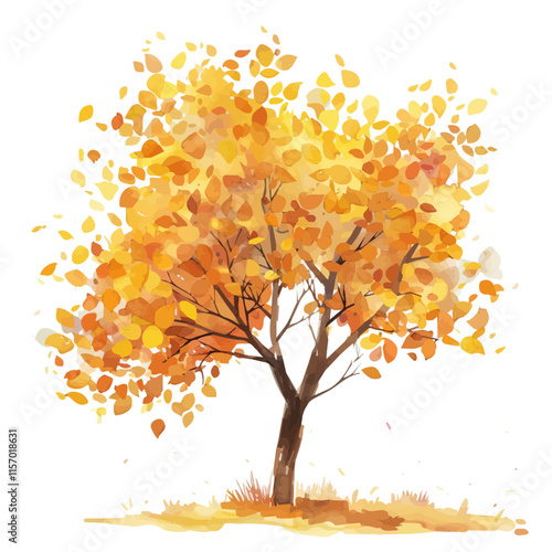 A watercolor of a tree with its leaves in shades of amber and gold, isolated on a white background. Amber tree vector.
