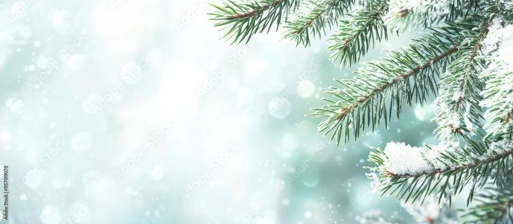 Winter fir branches adorned with snowflakes and soft bokeh background ideal for seasonal themes and text overlays in marketing materials Winter fir branches adorned with snowflakes and soft bokeh background ideal for seasonal themes and text overlays in marketing materials