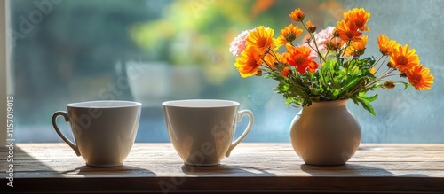 Wallpaper Mural Elegant white ceramic cups with a vibrant flower vase on a wooden table showcasing stylish home decor and interior design charm. Torontodigital.ca