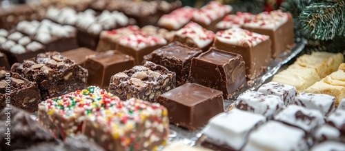 Variety of colorful fudge treats displayed at a festive winter market for holiday celebrations and indulgence photo