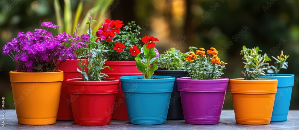 Colorful plastic flower pots arranged in a garden setting perfect for home decor and plant lovers enhancing outdoor aesthetics. Colorful plastic flower pots arranged in a garden setting perfect for home decor and plant lovers enhancing outdoor aesthetics.