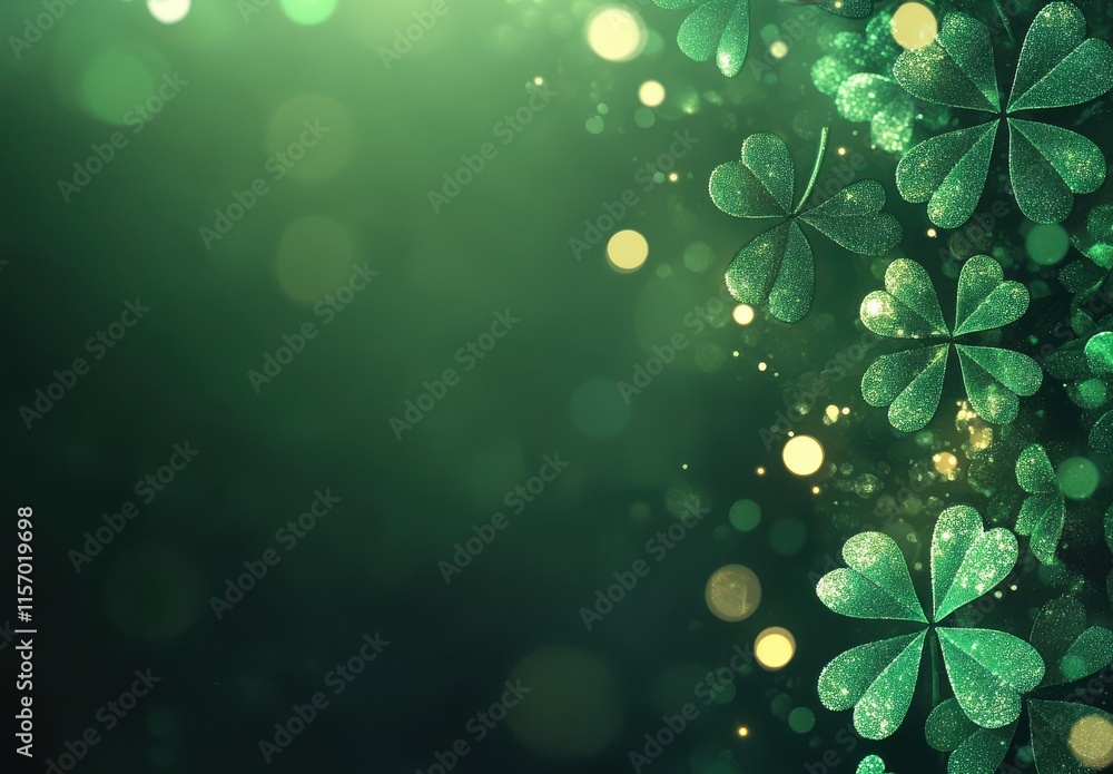 Lush Green Background with Shamrock Leaves and Glowing Bokeh Effects for Celebratory Themes and Nature Inspired Designs Lush Green Background with Shamrock Leaves and Glowing Bokeh Effects for Celebratory Themes and Nature Inspired Designs