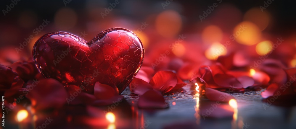 Romantic ambiance with heart-shaped decoration and rose petals for Valentine's Day celebration and love-themed events. Romantic ambiance with heart-shaped decoration and rose petals for Valentine's Day celebration and love-themed events.