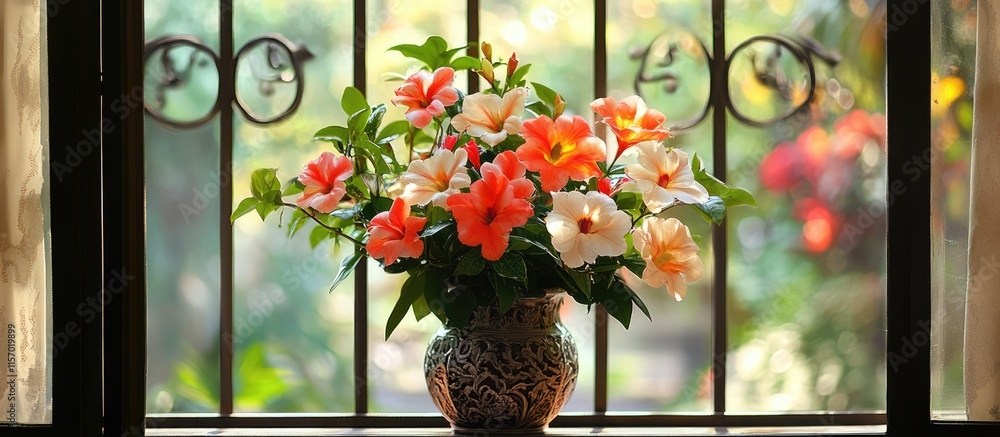Vibrant dipladenia flowers in an elegant vase enhancing indoor decor against a decorative window grille with a picturesque garden backdrop Vibrant dipladenia flowers in an elegant vase enhancing indoor decor against a decorative window grille with a picturesque garden backdrop