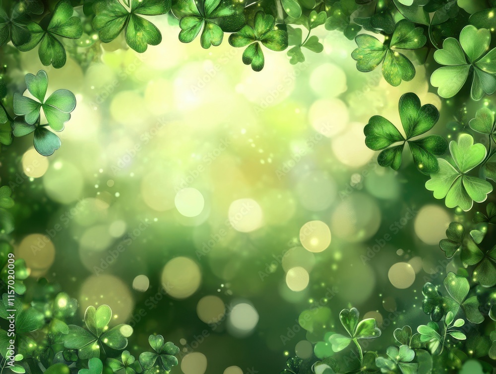 Lush Green Background with Shamrock Leaves and Soft Bokeh Effect for Celebratory Themes and Natural Designs Lush Green Background with Shamrock Leaves and Soft Bokeh Effect for Celebratory Themes and Natural Designs