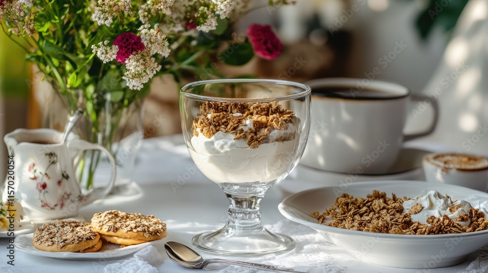 Sunday breakfast featuring granola and Greek yogurt in a glass dish with coffee, cookies, and a floral arrangement on a white tablecloth Sunday breakfast featuring granola and Greek yogurt in a glass dish with coffee, cookies, and a floral arrangement on a white tablecloth