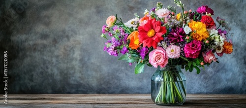 Wallpaper Mural Colorful floral bouquet in glass vase on wooden floor ideal for home decor and event styling with a rustic backdrop Torontodigital.ca