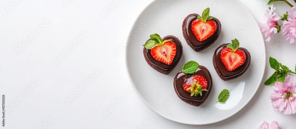 Heart-shaped chocolate mini cakes decorated with strawberries and mint on a white plate with flowers for a romantic Valentine's Day treat. Heart-shaped chocolate mini cakes decorated with strawberries and mint on a white plate with flowers for a romantic Valentine's Day treat.
