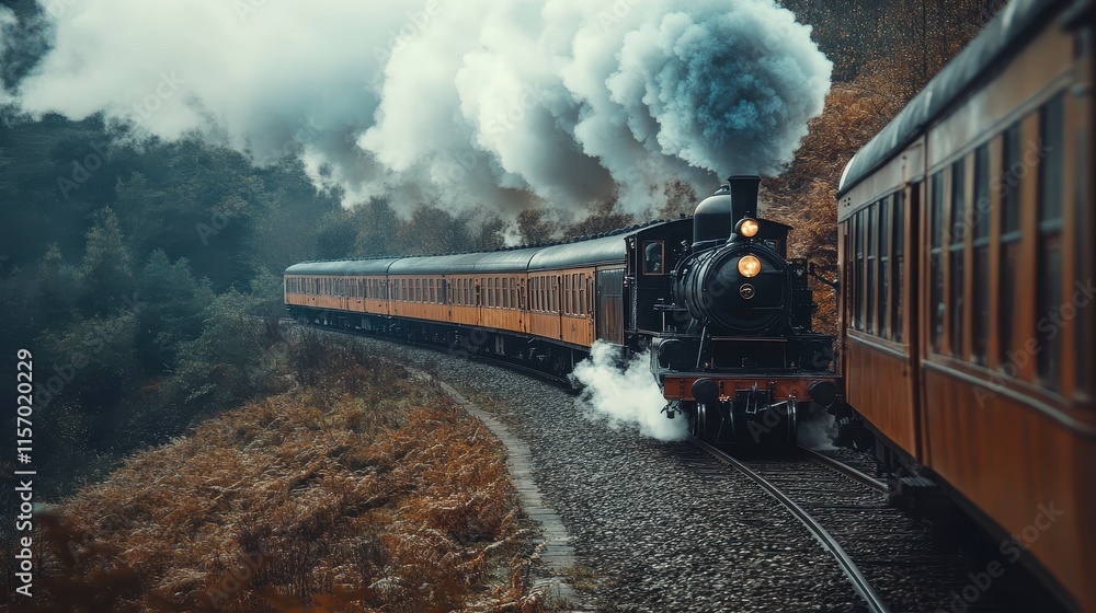 Obraz premium Majestic Steam Train Journey Through Rugged Wilderness