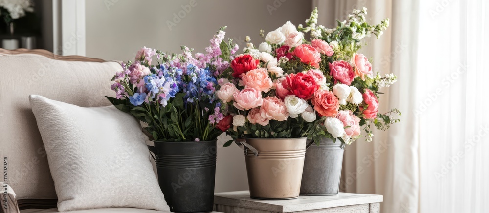 Fototapeta premium Stylish floral arrangement in decorative buckets on a chair elevating home interior decor with vibrant colors and soft textures