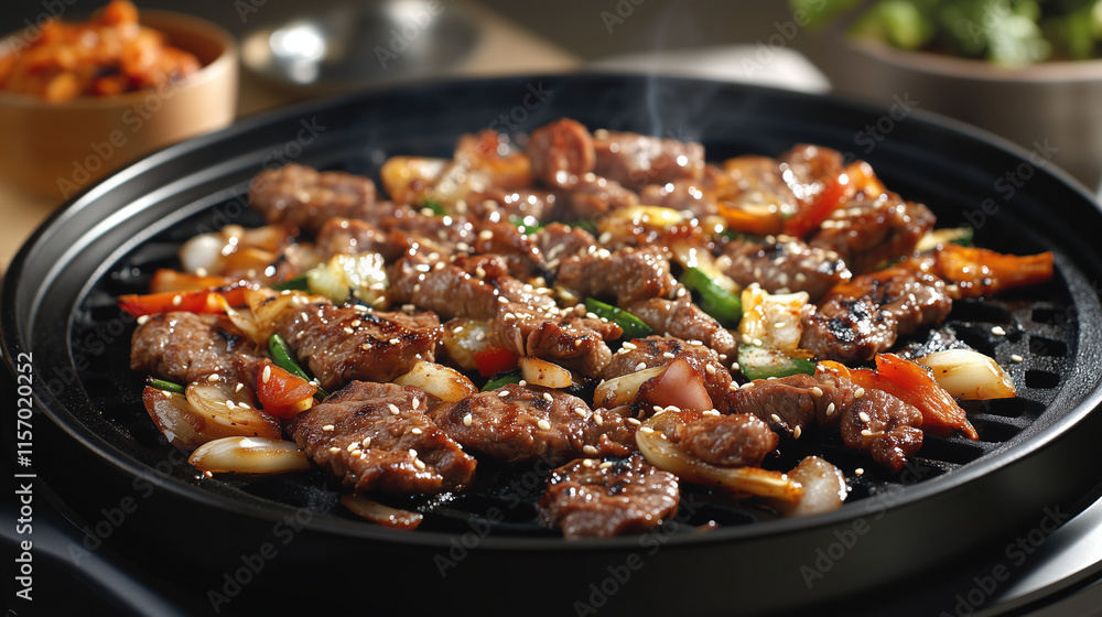 A sizzling Korean barbecue spread with assorted side dishes A sizzling Korean barbecue spread with assorted side dishes