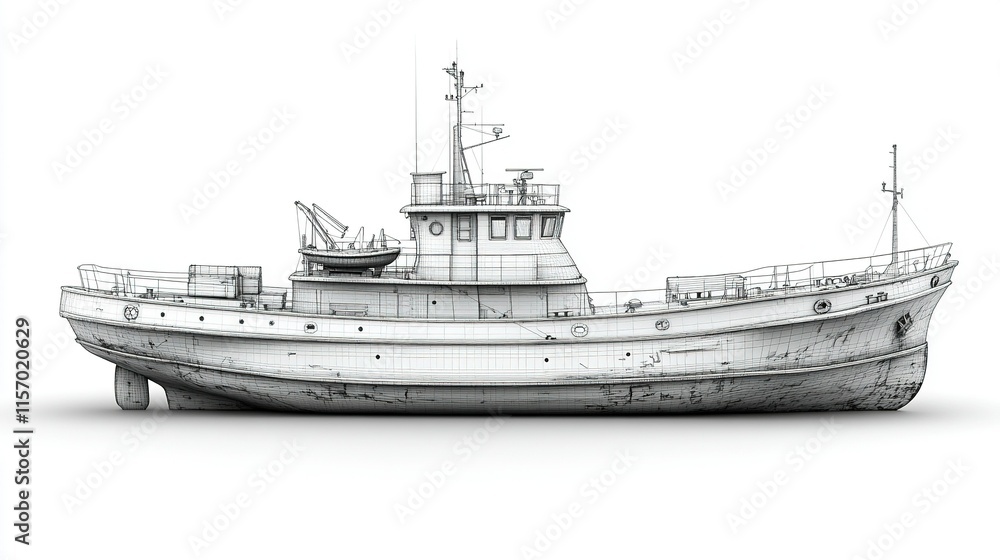 Fototapeta premium A detailed illustration of a vintage tugboat, showcasing its structure and design.