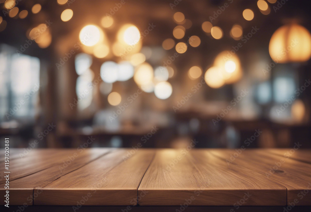 Empty wood table top of round on blur restaurant background product display montage Empty wood table top of round on blur restaurant background product display montage
