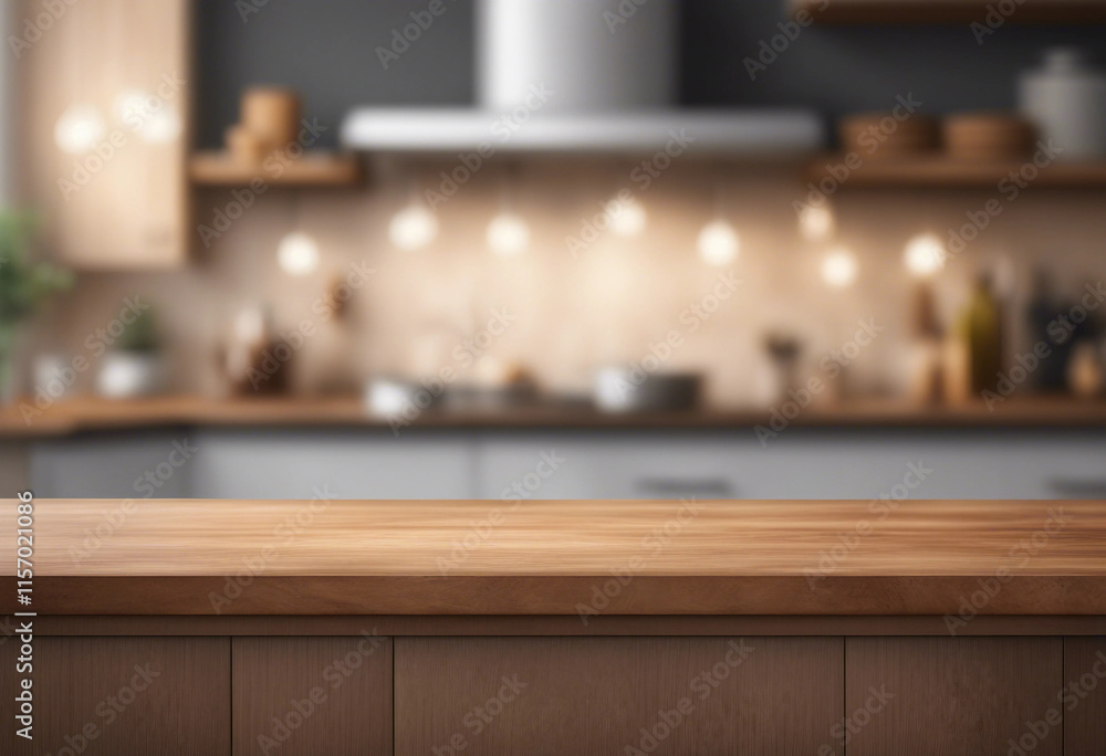 Empty wooden table top with lights bokeh on blur kitchen background High quality photo Empty wooden table top with lights bokeh on blur kitchen background High quality photo