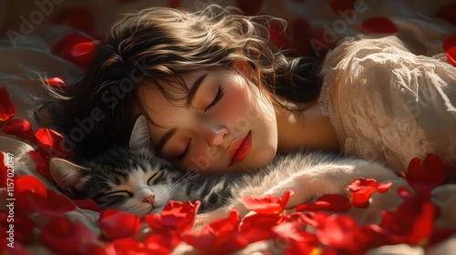 A serene woman lying on a bed adorned with red rose petals, peacefully sleeping next to a cat, creating a warm and intimate moment of relaxation and tenderness.