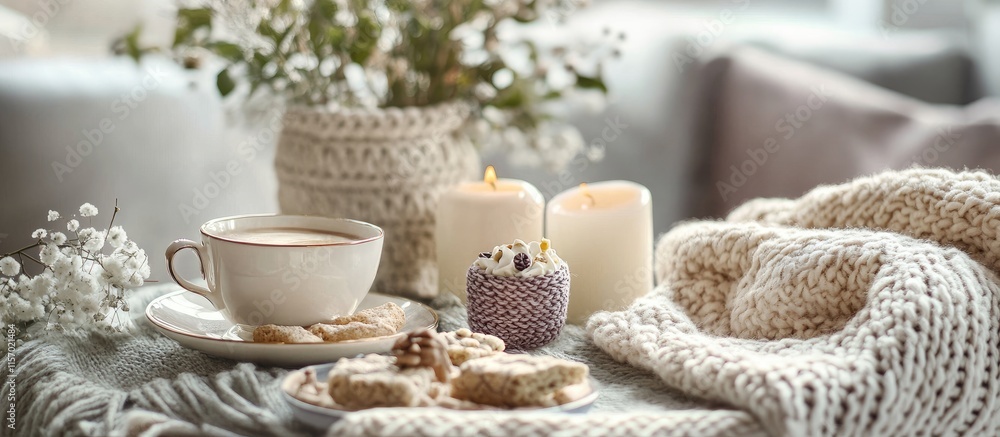 Cozy tea or coffee setting with decorations including treats candles and a knitted blanket creating a warm inviting atmosphere Cozy tea or coffee setting with decorations including treats candles and a knitted blanket creating a warm inviting atmosphere