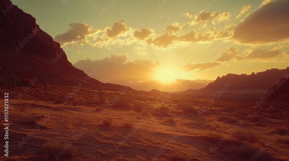 Naklejka premium Sunset over rugged mountains in a desert landscape with dramatic clouds illuminating the valley. Natural beauty at golden hour.