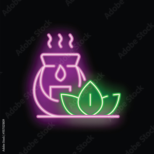 Neon sign of a steaming clay pot with leaves, perfect for illustrating herbal medicine, natural remedies, or alternative therapies