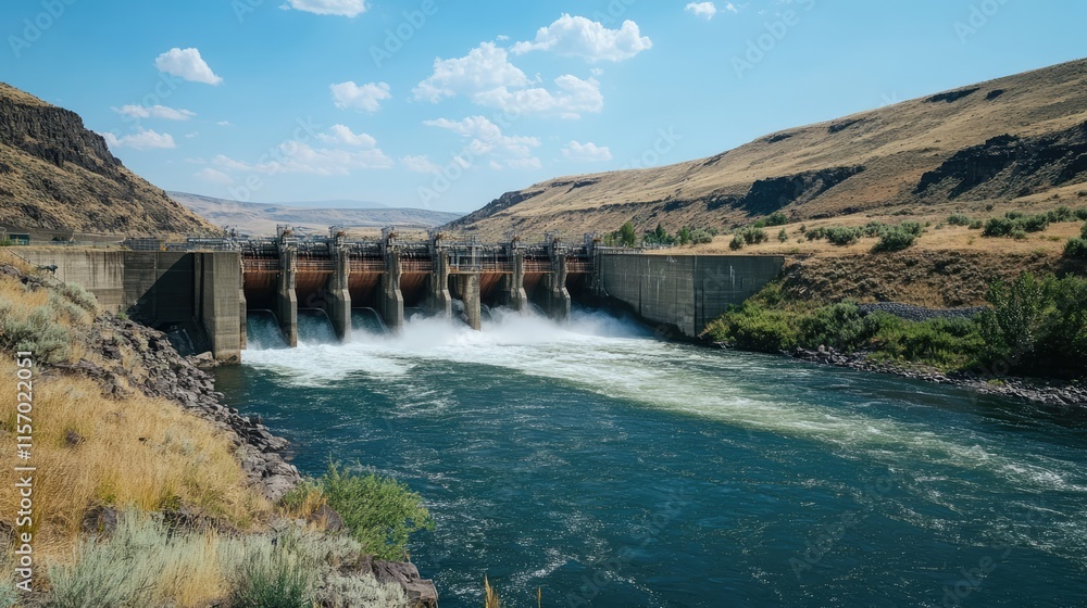 Hydroelectric dam releasing water on river surrounded by hills under a clear blue sky natural landscape energy generation scene Hydroelectric dam releasing water on river surrounded by hills under a clear blue sky natural landscape energy generation scene