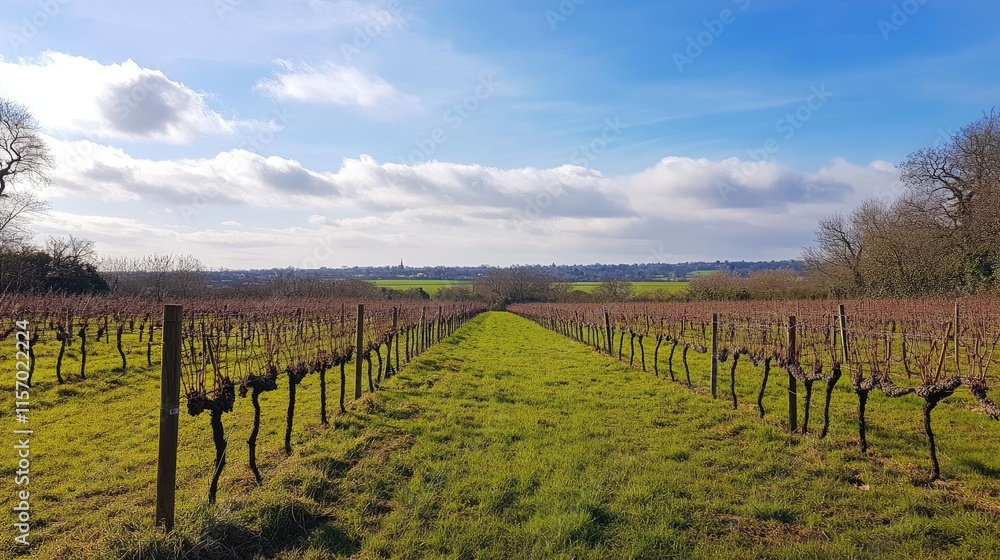 Naklejka premium Vast vineyard landscape with neatly arranged rows of vines under a clear blue sky showcasing rural countryside beauty