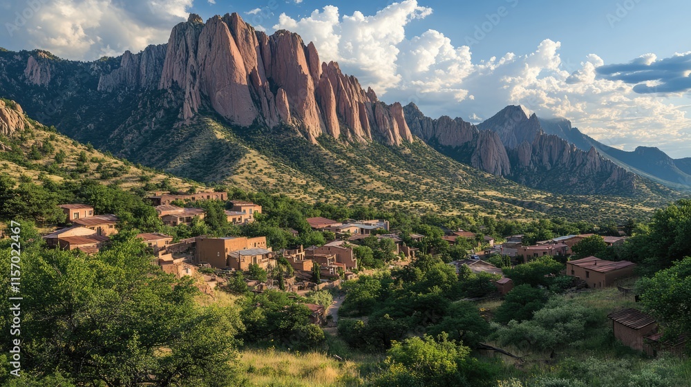 Obraz premium Scenic village nestled in mountains with striking rock formations under a dramatic sky capturing natural beauty and tranquility