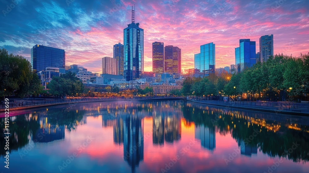 Skyscraper skyline at sunrise with vibrant reflections in a calm river surrounded by lush greenery and colorful clouds. Skyscraper skyline at sunrise with vibrant reflections in a calm river surrounded by lush greenery and colorful clouds.