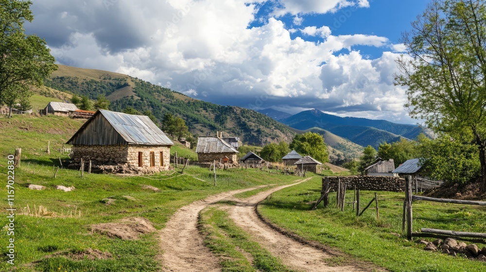 Serene rural landscape featuring traditional village homes amidst lush greenery and rolling hills under a vibrant sky Serene rural landscape featuring traditional village homes amidst lush greenery and rolling hills under a vibrant sky