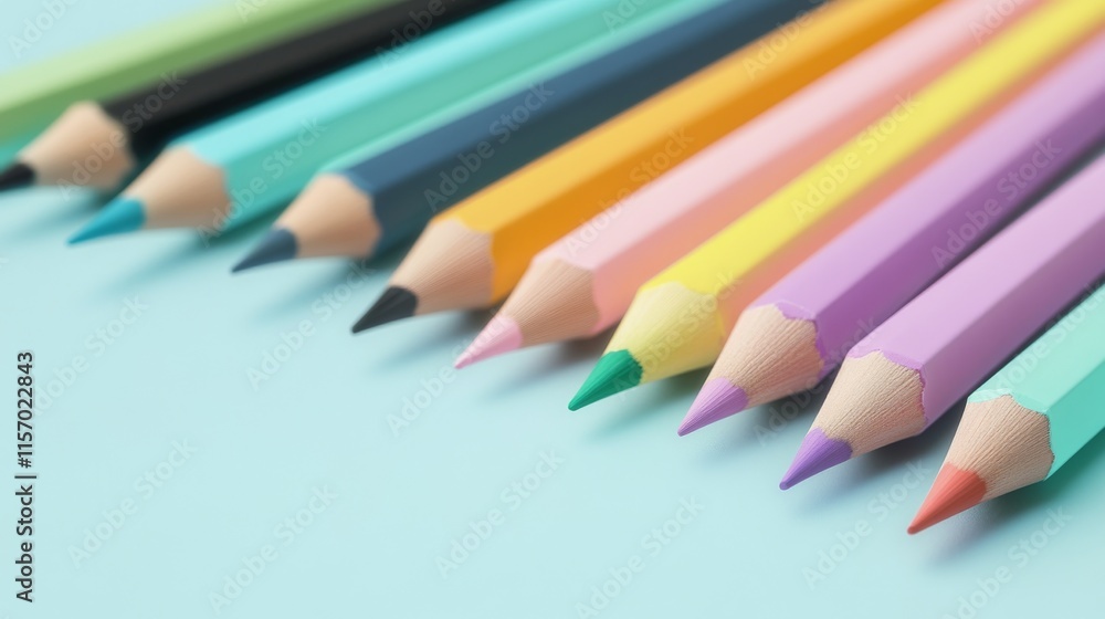 Colorful pencils arranged on a pastel background. Colorful pencils arranged on a pastel background.