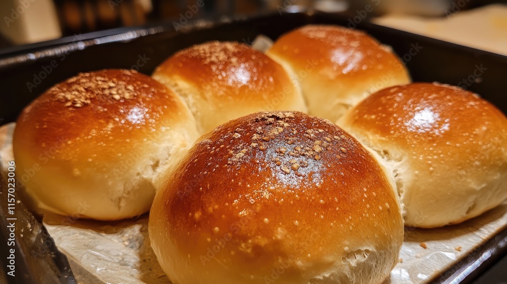 Freshly Baked Wheat Bread Buns Made at Home with Golden Crust and Fluffy Texture Placed in a Black Baking Tray Freshly Baked Wheat Bread Buns Made at Home with Golden Crust and Fluffy Texture Placed in a Black Baking Tray