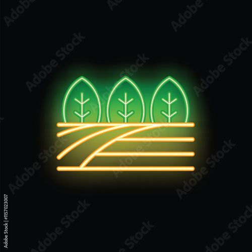 Neon green leaves growing from farmland icon glowing on black background