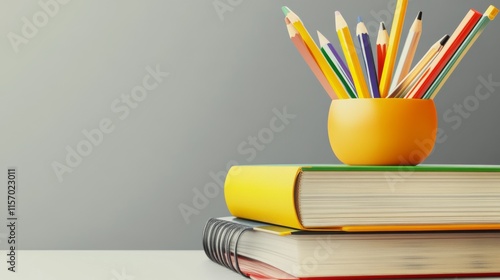 Colorful pencils in yellow pot on stacked books. photo