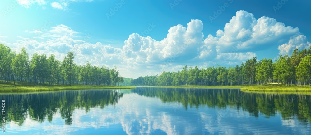 Fototapeta premium Serene lake landscape with lush greenery and vibrant blue sky reflected in calm waters during a sunny day
