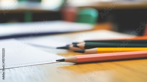 Colorful pencils on wooden table with paper. photo